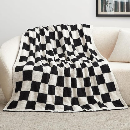EXQ Home Checkered Throw Blanket, Knitted Blankets with Checkerboard Grid Pattern, Soft Cozy Fluffy Throw for Couch Bed Sofa, Warm Fuzzy Plaid Blanket for All Seasons,Black, 50"×60"