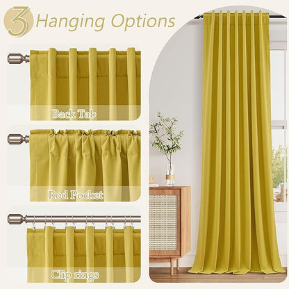 Guken 100% Blackout Curtains 90 Inch Length 2 Panels Set for Living Room Bedroom Back Tab Thermal Insulated Black Out Linen Drapes Room Darkening Celery Yellow,52x90