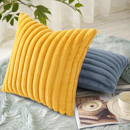 decorUhome Summer Cozy Faux Fur Throw Pillow Covers 16x16 Set of 2 Decorative Soft Plush Striped Modern Farmhouse Boho Couch Pillow Cases with Velvet Back for Sofa Bed Living Room, Mustard Yellow