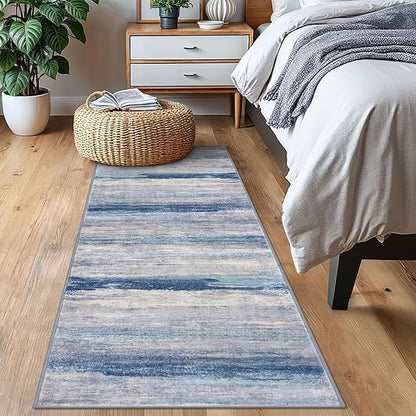 KOZYFLY Modern Abstract Kitchen Runner Rug, 2x6 Washable Rug Runner Non-Slip Soft Striped Hallway Runner Rugs, Blue/Grey/Beige Print Carpet Runner for Entryway Bathroom Laundry Room Foyer