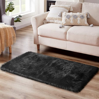 Ciicool Black Fur Fluffy Rug, 2x4 ft Small Faux Fur Rug for Bedroom, Washable Faux Sheepskin Rugs for Sofa Couch Seat Cushion, Thick Shaggy Furry Floor Carpets for Bedside Living Room