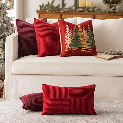 MIULEE Christmas Red Decorative Lumbar Throw Pillow Covers 12x20 Inch for Couch Bed Sofa Pack of 2 Boho Farmhouse Throw Pillows Soft Cross Corduroy Patchwork Textured Cushion Cases
