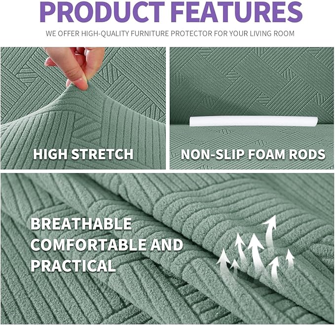 ZNSAYOTX Super Stretch Loveseat Covers (57"-70"), New Striped Love Seat Slipcover, Dogs Pet Friendly Anti-Slip Couch Protector Spandex Durable 2 Seater Fabric Sofa Cover (Pea Green, Loveseat)