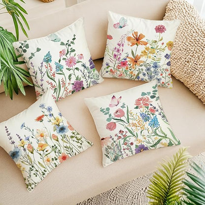 ONFAON Spring Summer Pillow Covers 20x20 Set of 4,Floral Seasonal Summer Outdoor Decoration Pillowcase Linen Cushion Cover for Couch Sofa