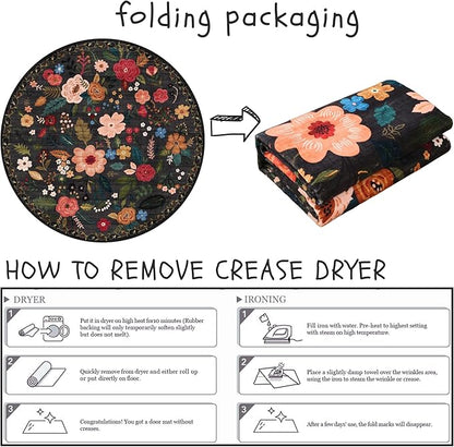 Rugcomf Round Rug 4ft Washable Circle Rug Non Slip Low Pile Boho Floral Small Circular Rug for Bedroom, Bathroom, Entryway, Kids Room, Office, College Dorm(Black)
