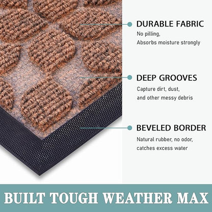 Bulijojo Sturdy Front Entrance Doormats,Durable Heavy Duty Welcome Mat,Thick Absorbent Natural Rubber Non Slip Mat,Easy Clean Entryway Mat Geometric Brown 23"x35"