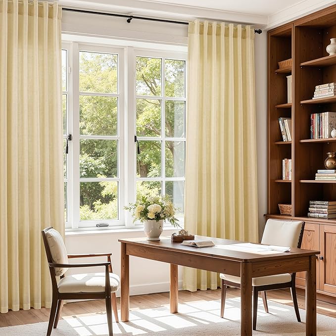 Nanspring Cream Yellow Linen Curtains 102 Inches Long for Living Room Light Filtering Modern Farmhouse Sheer Curtains Back Tab and Rod Pocket Curtain for Bedroom Office 52x102, 2 Panels