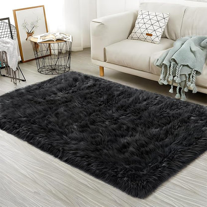 Ciicool Faux Fur Rug Black Fluffy Area Rugs for Bedroom, Thick Fuzzy Shag Rug Furry Bedside Nursery Rug for Living Room Plush Indoor Floor Carpet for Kids Room Teen Dorm, 3x5 ft