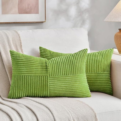 Fancy Homi Set of 2 Lime Green Long Lumbar Decorative Throw Pillow Covers 12x24 Inch for Couch Bed Sofa, Modern Farmhouse Boho Home Decor, Soft Striped Corduroy Rectangle Accent Cushion Case 30x60 cm