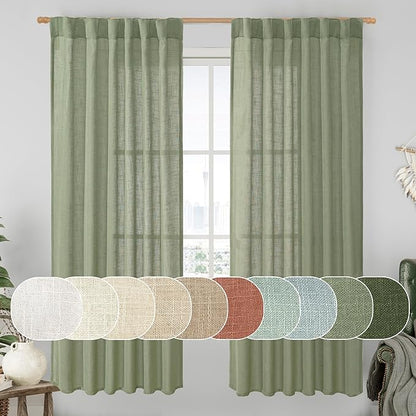 LAMIT Sage Green 72 inch Linen Curtains for Living Room 2 Panels, Linen Textured Light Filtering Semi Sheer Back Tab and Rod Pocket Window Curtain Panels for Bedroom/Farmhouse, 52 x 72 Inch