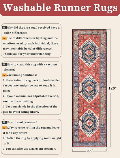 SERISSA Runner Rug for Hallways, 3x10 Washable Non Slip Kitchen Runner Rug, Long Boho Rug Vintage Rust Hallway Stair Ultra Soft Print Floor Carpet for Bedroom Bathroom Laundry Room