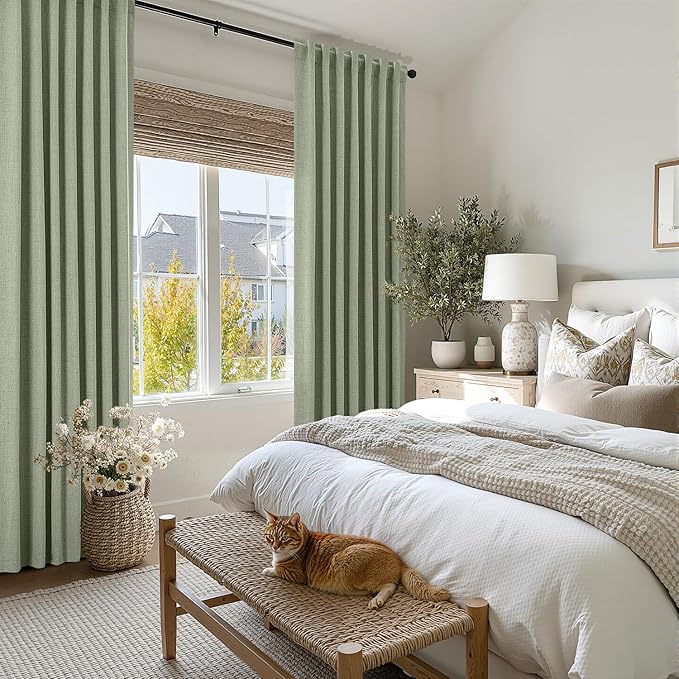 MIULEE 100% Blackout Linen Curtains for Bedroom, Sage Green Solid Luxury Decor Thermal Insulation Room Darkening Drapes for Living Room Nursery Back Tab Rod Pocket 42 x 63 Inches, 2 Panels