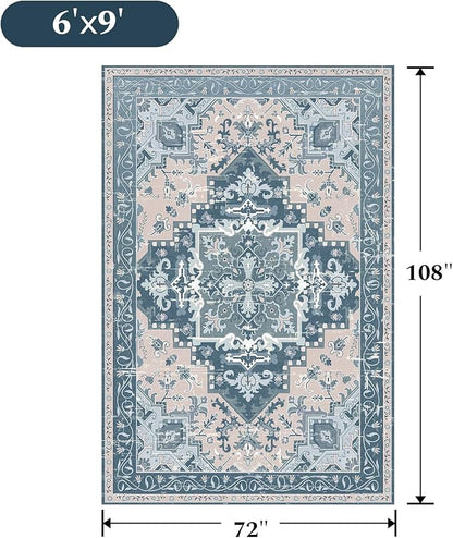 Rugflix 6x9 Area Rug for Living Room, Machine Washable Area Rugs with Non-Slip Backing, Large Soft Boho Vintage Rug for Bedroom, Dining Room, Low Pile Carpet, Kids Pet Friendly, Blue