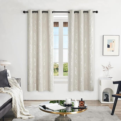 Deconovo Beige Bedroom Curtains, Room Darkening Curtain, Thermal Insulated Soundproof Drapes, Silver Branch Print, 42 x 72 Inch Long, Machine Washable Window Panels for Living Room Nursery, Set of 2