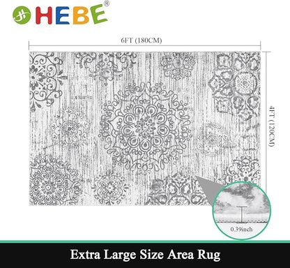 HEBE Washable Area Rug - 4'x6' Non Slip Soft Distressed Medallion Bedroom & Living Room Accent Throw Vintage Entry Floor Carpet for Dining Room & Bathroom Entryway
