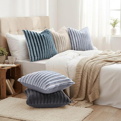 decorUhome Cozy Faux Fur Throw Pillow Covers 20x20 Set of 2 Decorative Soft Plush Striped Modern Farmhouse Boho Couch Pillow Cases with Velvet Back for Sofa Bed Living Room, Grey White