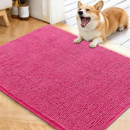 OLANLY Dog Door Mat for Muddy Paws 40x32, Absorbs Moisture and Dirt, Absorbent Non-Slip Washable Doormat, Quick Dry Chenille Mud Mat for Dogs, Entry Indoor Entryway Carpet for Inside Floor, Hot Pink