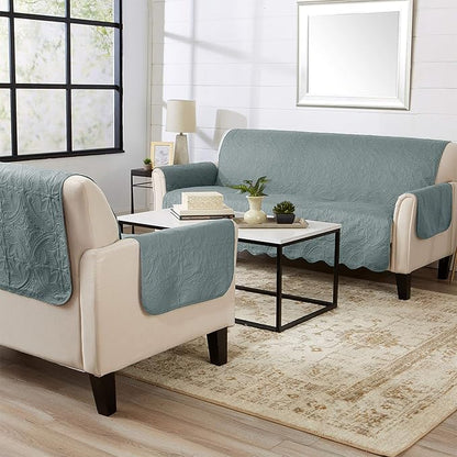 Great Bay Home Reversible Sofa Cover - Washable Slipcover Furniture Protector with Elastic Straps - Perfect for Kids & Pets - Quilted & Stitched Detail (Mirage Gray/Flax)
