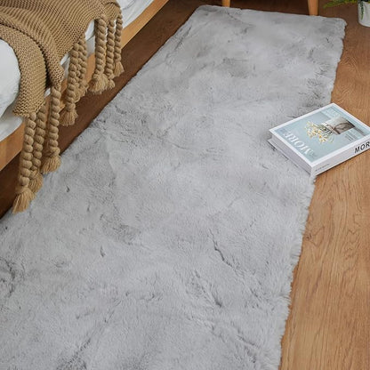ORINOVA Fuzzy Grey Fluffy Washable Runner Rugs for Hallway 2x10 Plush Faux Rabbit Furry Fur Rugs for Bedroom Living Room Home Décor