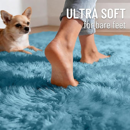 OLANLY Slate Blue Round Rugs for Bedroom - Machine Washable, 4 ft Circle Area Rugs for Living Room, Soft and Fluffy Shaggy Carpet for Teen Girl and Boys, Nursery Rooms, Dorms, Home Decor Aesthetic