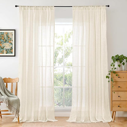 BGment Extra Long Beige Linen Curtains 96 Inch Length for Living Room - Light Filtering Window Treatments with Rod Pocket for Farmhouse Bedroom, 2 Panels, Each Panel 52 Inch Wide