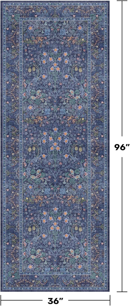 Dark Blue 3x8 Wide Hallway Runner Rugs Indoor Non Slip, 8ft Oriental Washable Rug for Kitchen, Entrance Indoor, Vintage Floral Design Low Pile & Soft Stain Resistant Carpet