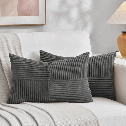 Fancy Homi 2 Packs Dark Gray Lumbar Decorative Throw Pillow Covers 16x26 Inch for Livingroom Couch, Rustic Farmhouse Boho Home Decor, Soft Striped Corduroy Rectangle Accent Peach Cushion Case 65x40 cm