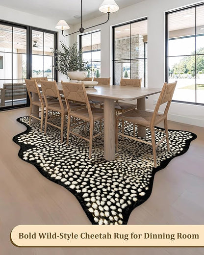 Leopard Print Rug for Living Room, Cheetah Rug 5.2x7 Faux Animal Print Skin Cheetah Area Rug for Bedroom Nursery Animal Fur Hide Irregular Shaped Rustic Antelope Black