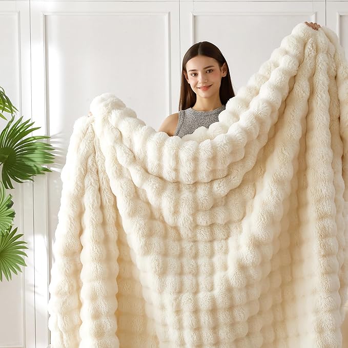 COOVA Faux Fur Throw Blanket for Couch, Cozy Soft and Fuzzy Plush Rabbit Fur Bubble Blanket for Sofa Bedroom Living Room, 60x80 Inches Ivory White