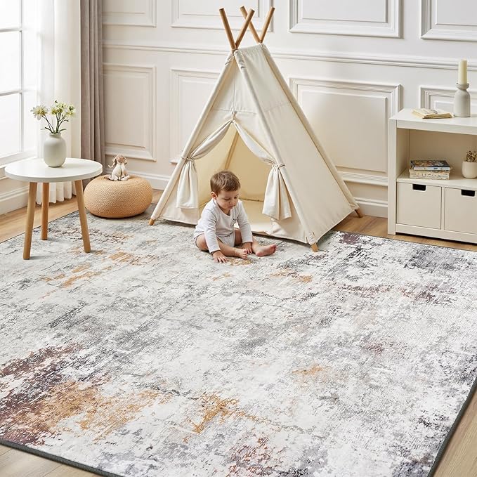 Rugflix 8x10 Area Rugs for Living Room, Washable Large Rug Stain-Resistant Low Pile, Modern Neutral Carpet for Dining Room Home Office Kid Room Nursery Bedroom, Grey Brown
