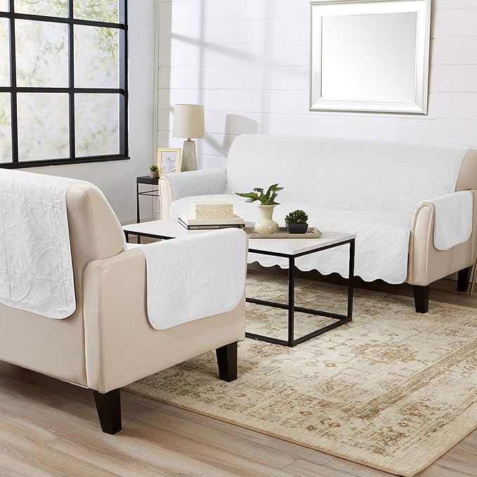 Great Bay Home Reversible Sofa Cover - Washable Slipcover Furniture Protector with Elastic Straps - Perfect for Kids & Pets - Quilted & Stitched Detail (White/Sand)