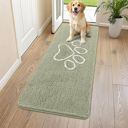 Smiry Dog Door Mat for Muddy Paws, Absorbent Dirt Trapper Non Slip Quick Dry Washable Chenille Mat for Mud Dogs, Entry Rug for Indoor and Outdoor (59x24 Inches, Sage Green and White)