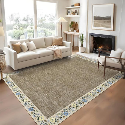 GarveeHome 4x6 Area Rugs for Bedroom Living Room Machine Washable Rugs Floral Bordered Small Carpet Non-Slip Stain Resistant Accent Carpet for Dining Room Table Apartment Office, Dark Camel
