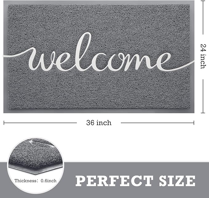 CozyBounty Grey Door Mat Welcome Mats Outdoor Indoor Non-Slip Doormat for Entryway Low-Profile Floor Mat for Yard, Garage, High Traffic Areas (36"x24", Grey)