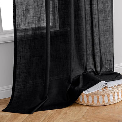 MIULEE Black Linen Curtains 84 Inch Length 2 Panels for Bedroom Living Room, Soft Thick Linen Textured Back Tab Window Drapes Semi Sheer Light Filtering Rod Pocket Modern Farmhouse Halloween Decor