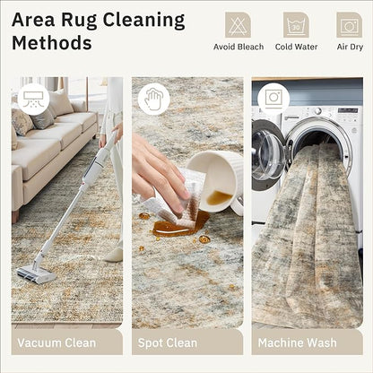 9x12 Area Rugs for Living Room, Non-Slip Machine Washable Vintage Rugs, Abstract Low Pile Lightweight Large Rug for Bedroom, Dining Room, Home Office Orange