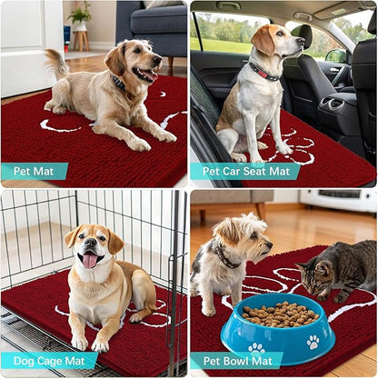 OLANLY Dog Door Mat for Muddy Paws 24x16, Paw Print Design, Absorbs Moisture and Dirt, Absorbent Non-Slip Washable Doormat, Quick Dry Chenille Mud Mat for Dogs, Entry Indoor Entryway Carpet, Red