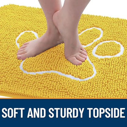 OLANLY Dog Door Mat for Muddy Paws 48x30, Paw Print Design, Absorbs Moisture and Dirt, Absorbent Non-Slip Washable Doormat, Quick Dry Chenille Mud Mat for Dogs, Entry Indoor Entryway Carpet, Yellow