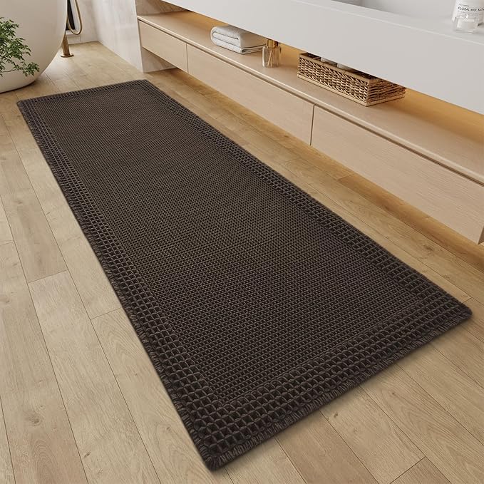 RESARE Waffle Bathroom Runner Rugs, Super Absorbent Bath Mat Non Slip Washable Quick Dry, Upgraded Ultra Soft Boho Bath Rugs with Tassels for Hallway Bedroom Laundry Room, 2'x6'(24"x72"), Chocolate