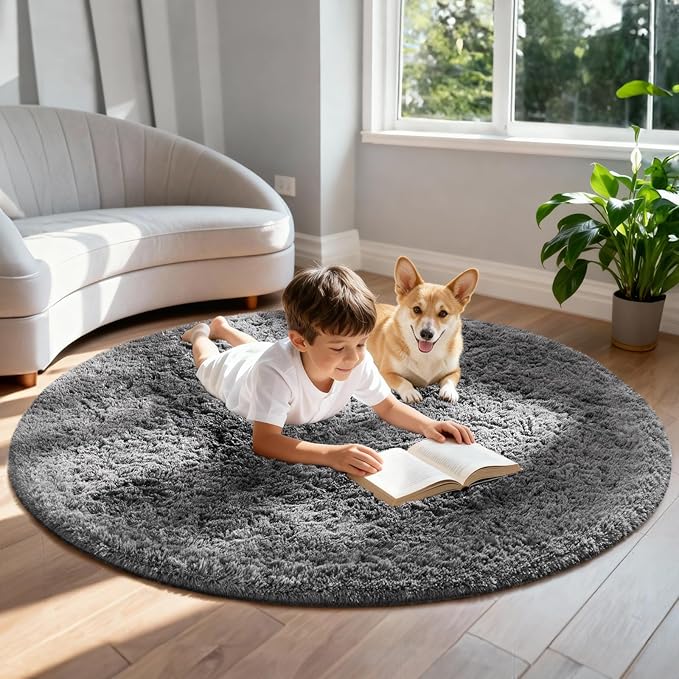 Ophanie Round Rug 6Ft Grey Circle Area Rugs, Fluffy Fuzzy Large Bedroom Carpet 6 foot, Plush Shag Solid indoor Floor Gray Living Room Christmas Circular Aesthetic Decor for Kids Teen Boys Baby,Nursery