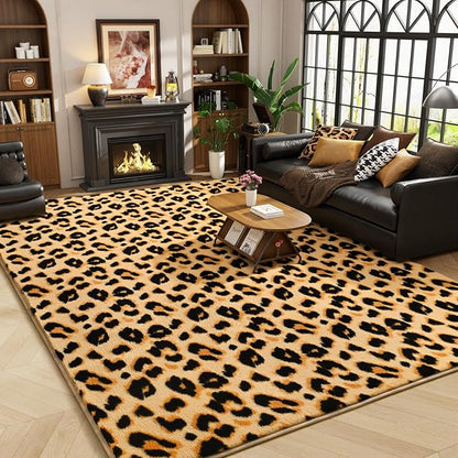 Amearea Soft Leopard Rugs for Bedroom Living Room, 6x9 Modern Cheetah Print Thickened Memory Foam Rug, Fluffy Indoor Washable Animal Rugs Carpet for Kids Boys Girls Dorm Nursery Room Decor, Khaki