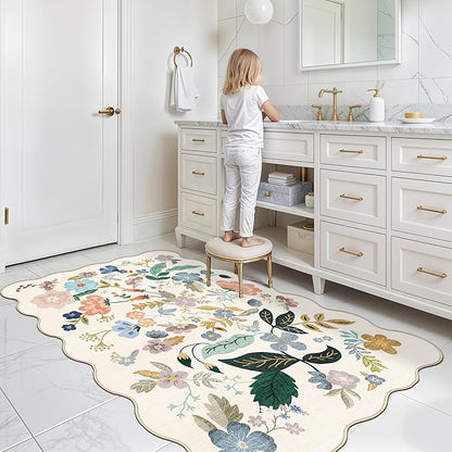 Washable 3x5 Entryway Area Rugs: Ultra Soft Floral Carpet for Kitchen Nursery Indoor Light-Weight Doormat Anti-Slip Elegance Rug for Living Room Bedroom Small Foldable Vintage Floor Mat(3x5,Cream)