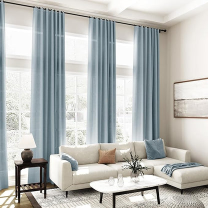 Nanspring Light Blue Linen Curtains 102 Inches Long Rod Pocket Back Tab Drapes 2 Panels Set for Living Room Bedroom Light Filtering Semi Sheer Light Blue Curtain 102 Length for Patio Door 52x102
