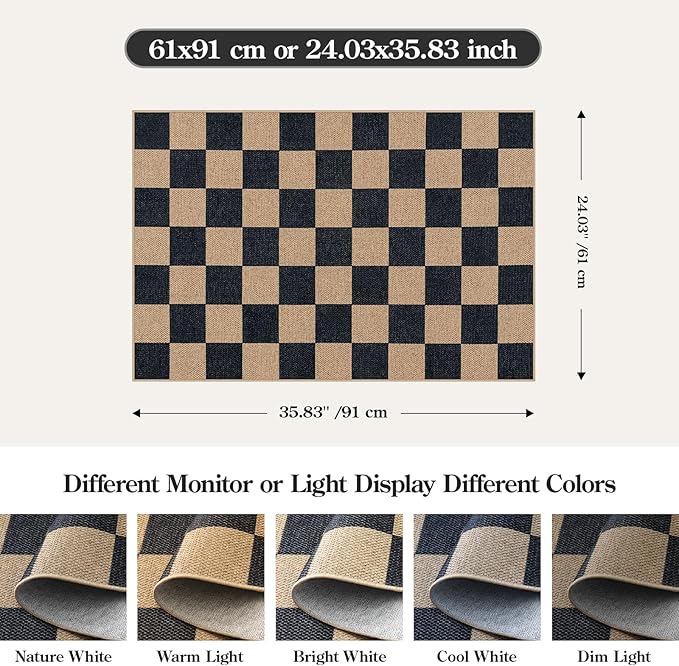 Lahome Colette Checkered Easy Jute 2x3 Rug, Small Entryway Rug Non Slip Kitchen Front Door Mat, Farmhouse Neutral Area Rug Non Shedding Low Pile Floor Carpet for Foyer Porch Doorway