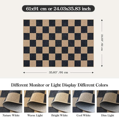 Lahome Colette Checkered Easy Jute 2x3 Rug, Small Entryway Rug Non Slip Kitchen Front Door Mat, Farmhouse Neutral Area Rug Non Shedding Low Pile Floor Carpet for Foyer Porch Doorway