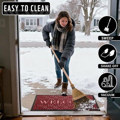 Yimobra Christmas Door Mat Outdoor Indoor 29.5x17, All-Weather Waterproof Front Door Mat Outside Entrance, Non-Slip Low Profile Porch Patio Welcome Doormat, Red