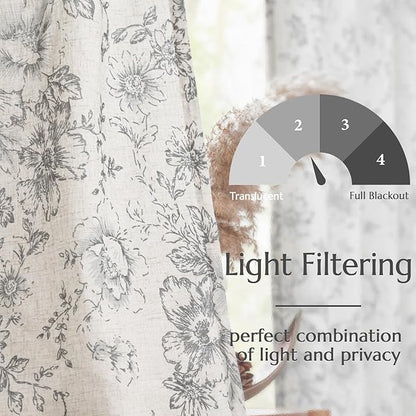 jinchan Linen Blend Curtain Floral Curtains for Living Room 84 Inch Length Grey Printed Curtain Rod Pocket Back Tab Farmhouse Peony Flower Patterned Drapes Bedroom Window Curtains Set 2 Panels