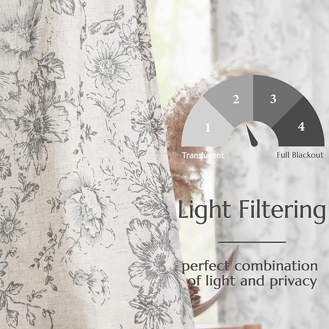 jinchan Linen Blend Curtain Floral Curtains for Living Room 63 Inch Length Grey Printed Curtain Rod Pocket Back Tab Farmhouse Peony Flower Patterned Drapes Bedroom Window Curtains Set 2 Panels