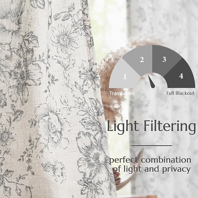 jinchan Linen Blend Curtain Floral Curtains for Living Room 45 Inch Length Grey Printed Curtain Rod Pocket Back Tab Farmhouse Peony Flower Patterned Drapes Bedroom Window Curtains Set 2 Panels