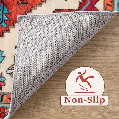 SERISSA 2x4 Boho Rugs for Entryway, Washable Non-Slip Kitchen Runner Rug, Ultra Soft Small Area Rug Vintage Orange Low-Pile Door Mat Indoor Entrance Carpet for Bedroom Hallway Laundry Room Bathroom